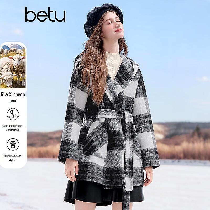 Betu Women's Hooded Plaid Wool Blend Overcoat