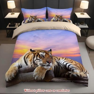 Sonnenuntergang Tiger Muster 3D Gedruckter Bettbezug Weich Bequemes Polyester Bettwäscheset Tierisches Thema Zuhause Bettdeckenbezug Set Kissenbezug