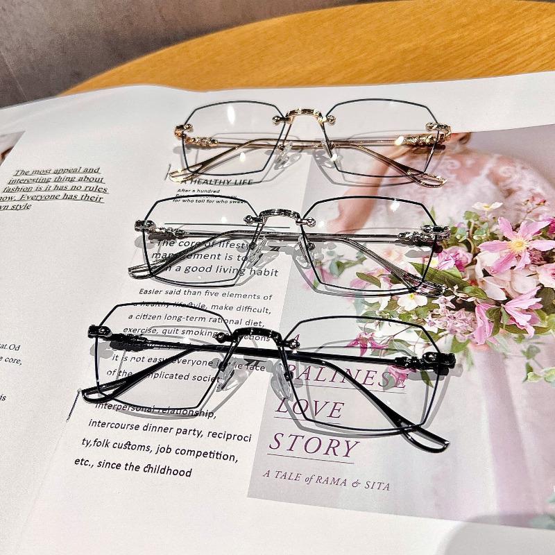 New Polygonal Literary Retro Frameless Edge-cut Glasses for Women Without Makeup, Anti-blue Light Flat Glasses