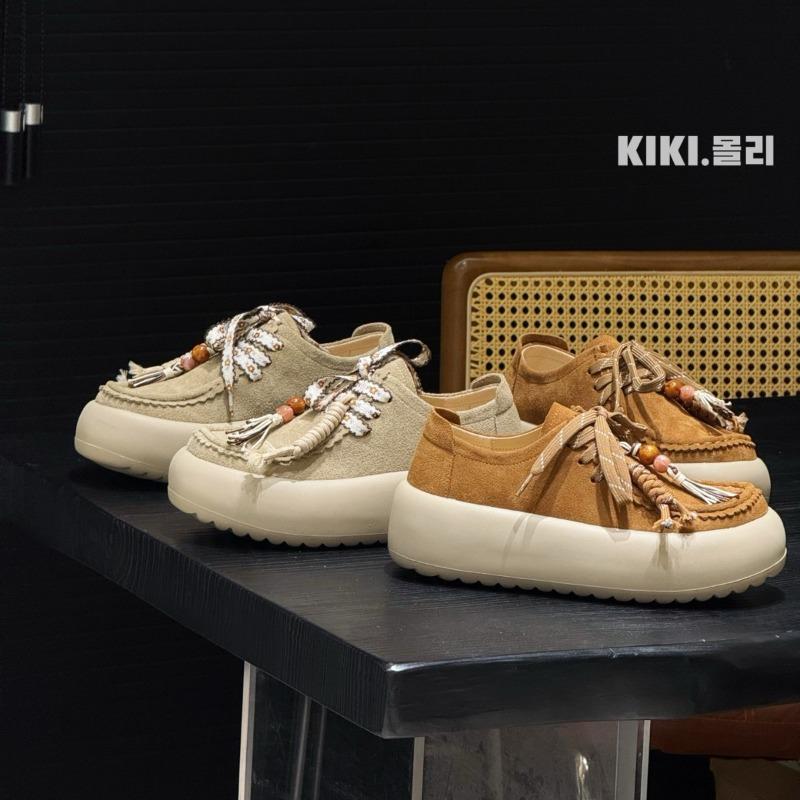 Retro fringed beaded new leather platform lace-up casual small loafers