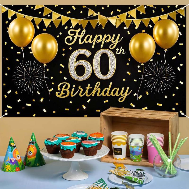 Elegant Black and Gold 60th Birthday Banner - Sparkling Anniversary Party & Photo Booth Decoration, wsj