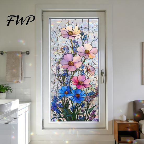 Stained Glass Effect Sticker Rainbow Window Privacy Film, Decorative Static Cling Stickers, Heat Control & UV Blocking Cling, Waterproof 100x45cm for
