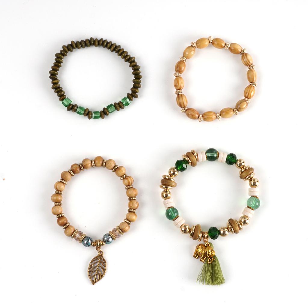 4pcs/set Boho Wooden Beaded Bracelet For Women Leaf Tassels Chain Bangle Bohemia Jewelry Accessory