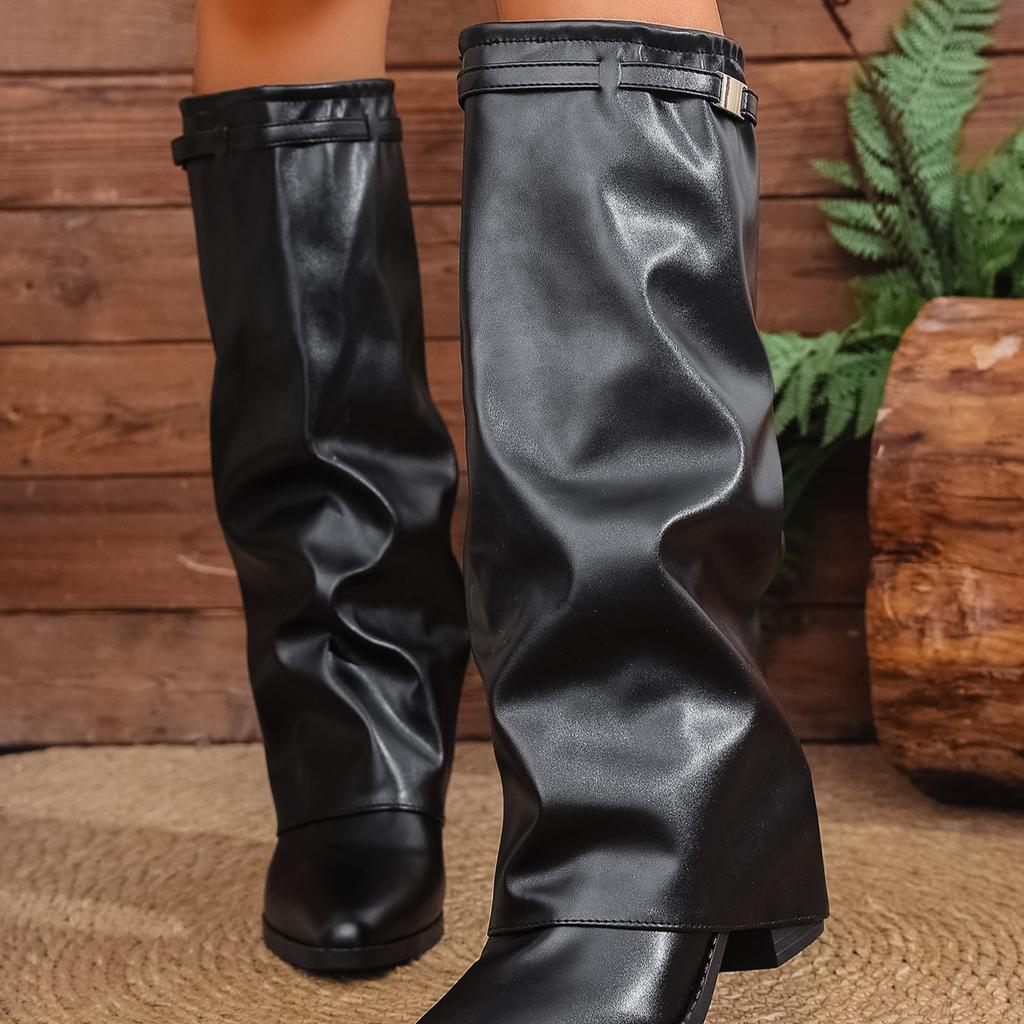 Damenmode-Stiefel mit hohen Absätzen 2025 Herbst Cross-Border Dicke Absätze Übergröße Britischer Stil High-Top Hosenstiefel