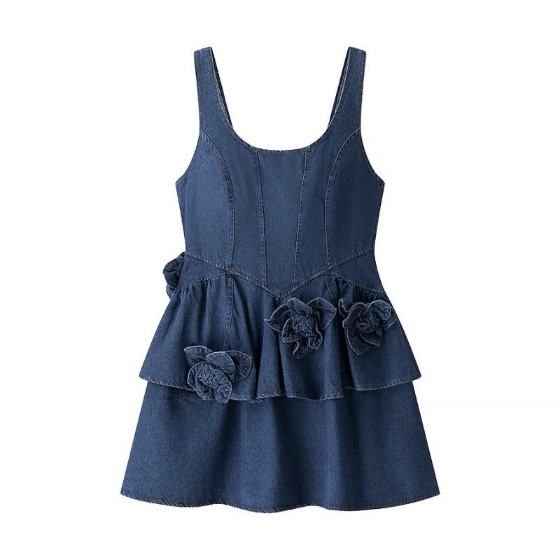 Womens Floral Print Sleeveless Denim Midi Dress High-Waisted Asymmetrical Fit Elegant Office Chic 2025