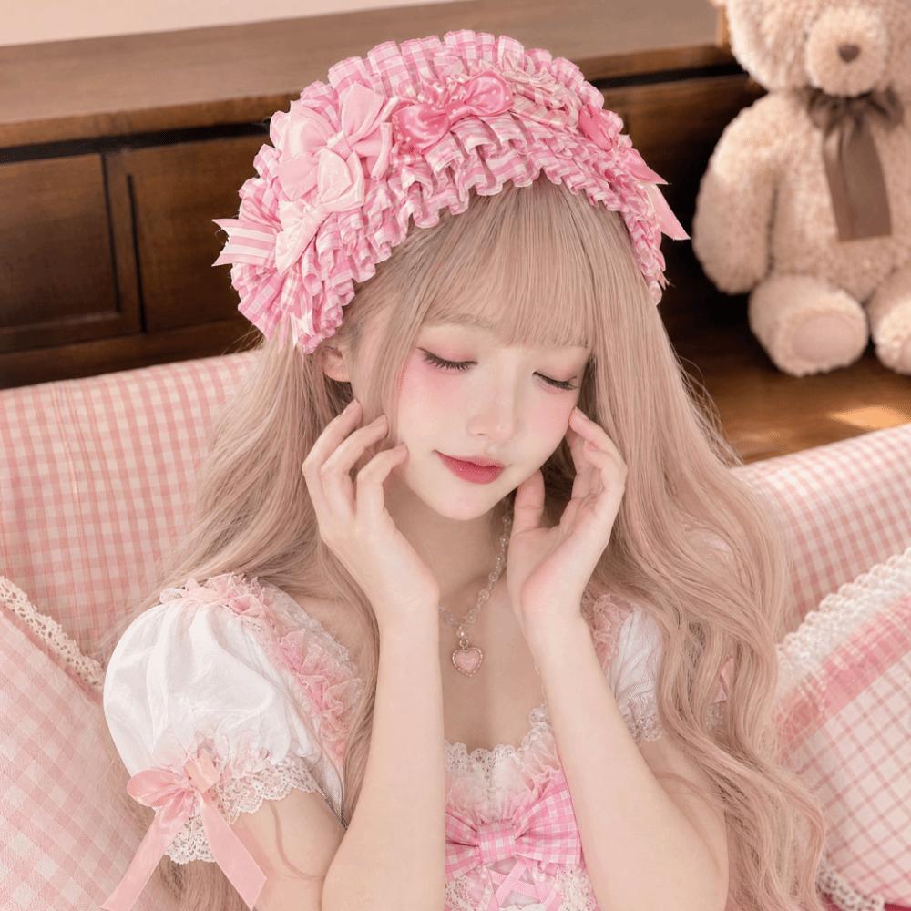 Elegant Pink Plaid Headband Imitation Pearl Lolita Hair Band Lace Bow Hair Accessory  Daily Wear