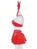 Women's Rave Outfit Set Sexy Metallic Latex Shiny Chain Top PU Leather Mini Skirt Thong Music Festival Bunny Costume 4-Piece Cat