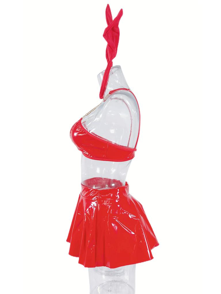 Women's Rave Outfit Set Sexy Metallic Latex Shiny Chain Top PU Leather Mini Skirt Thong Music Festival Bunny Costume 4-Piece Cat