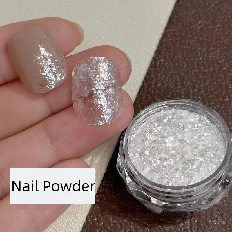 Hochwertiger Schnee-Puder Ultra-dünne Nagel-Flakes Feiner Schimmer Opal-Glitzer Material Transparente Silberne Nagelkunst-Dekorationen