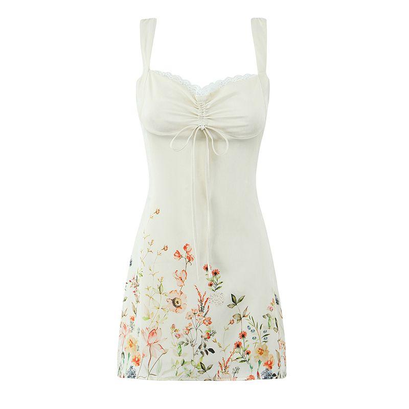 

Flower Flower French Style Pure Desire Stylish Floral Slip Dress Drawstring Waist Slim Looking Lace Elegant Dress Meters apricot S