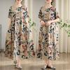 Summer Cotton and Linen Printed Round Neck Short Sleeved Dress for Women