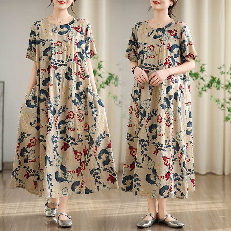 Summer Cotton and Linen Printed Round Neck Short Sleeved Dress for Women