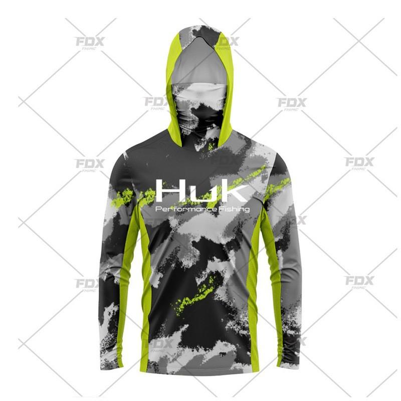 Mens Quick-Dry Fishing Shirt With Hood Neck Cover UPF50 Sun Protection Lightweight Long Sleeve T-Shirt