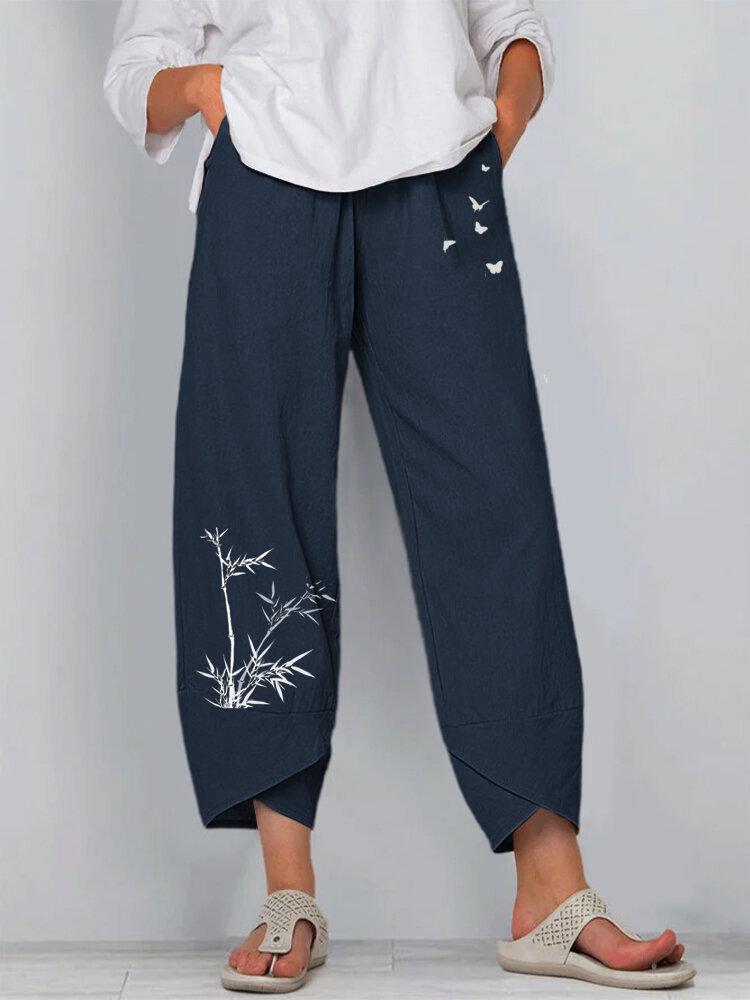 European & American Summer Casual Loose Cotton Linen Butterfly Print Wide-Leg Pants for Women 3199