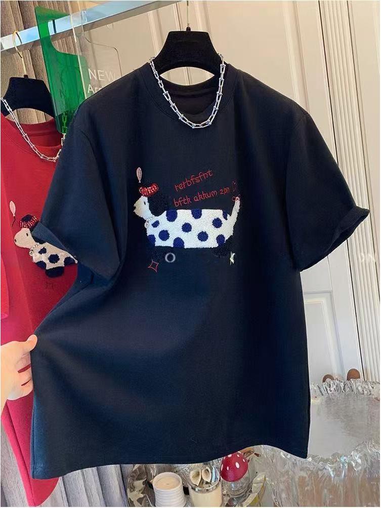 European Plus Size Embroidered Dog Thick Short Sleeve Women's T-shirt for Spring/Autumn