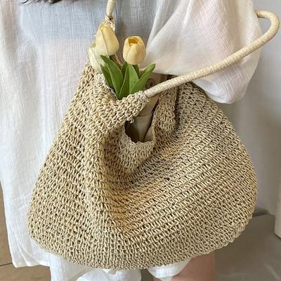 Sac de Paille Grande Capacité Sac Fourre-Tout d'Été pour Femmes Nouveau Sac à Bandoulière Sac de Plage pour Vacances à la Mer Sac Fourre-Tout en Paille Tressée pour Femmes