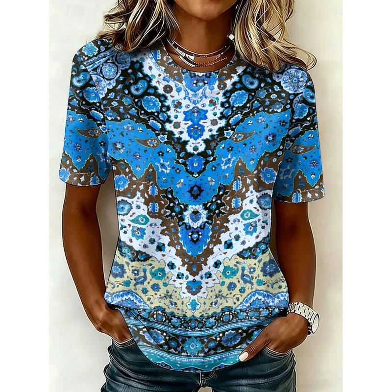 Women's T Shirt Print Vintage Stylish Casual Short Sleeve Crew Neck Round Neck Regular Tops Summer Spring