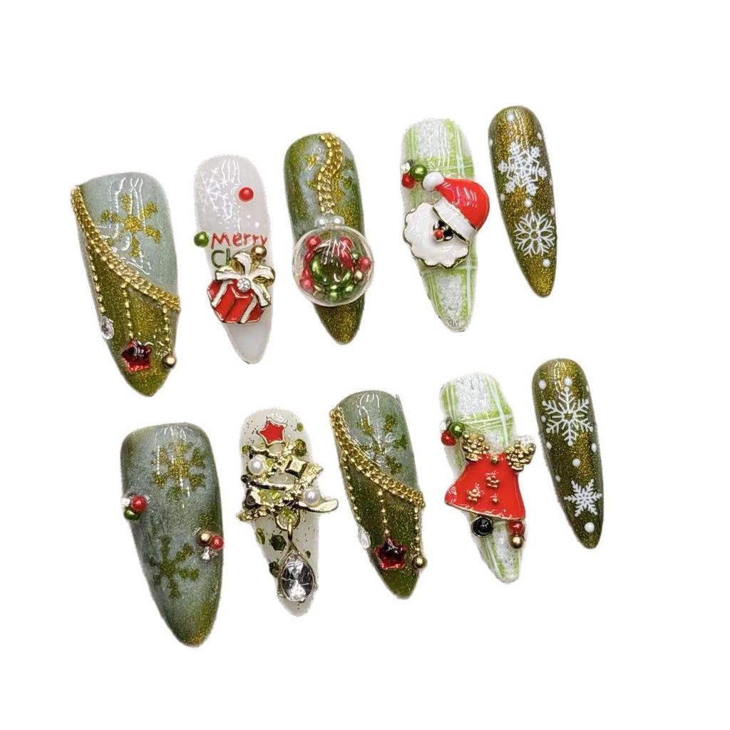 Green Christmas 2026 Snowflake Mid-Length Handmade Wearable Nail Art