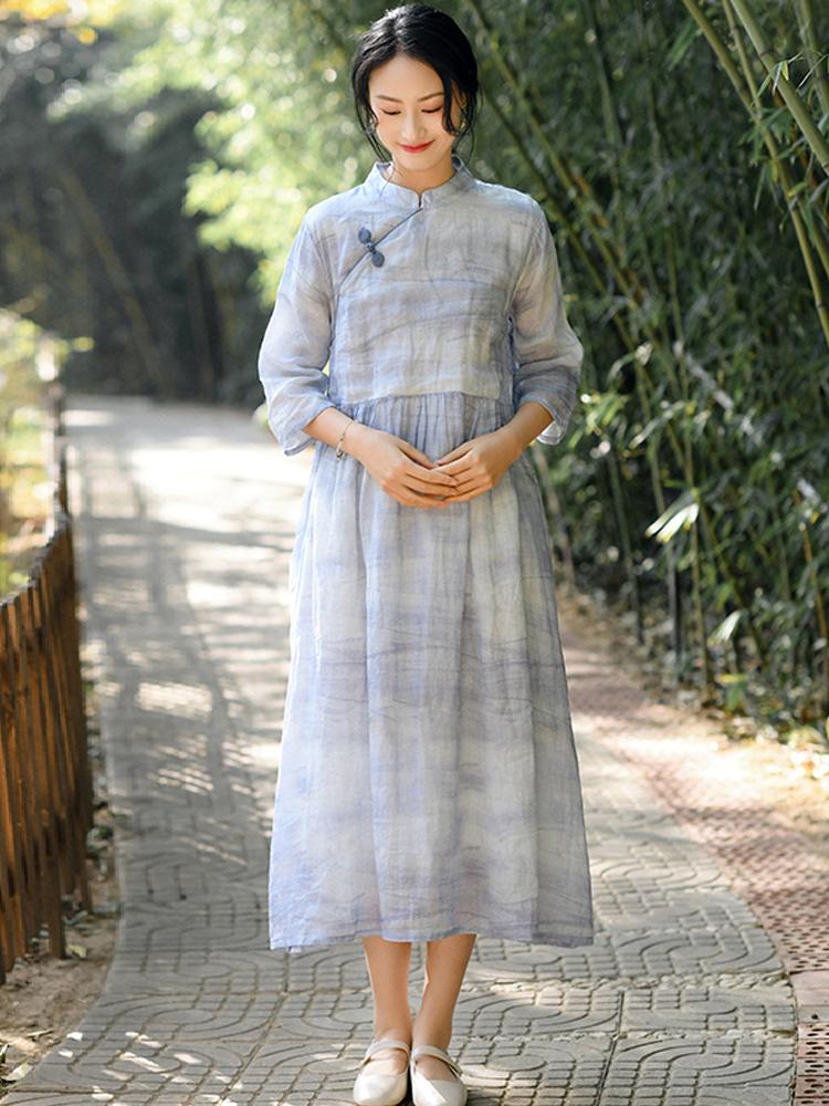 Johnature Chinesischen Stil Frauen Kleid Stehen Taste Halbe Hülse Frühling Vintage Frauen Kleidung Ramie Hohe Qualität Kleider