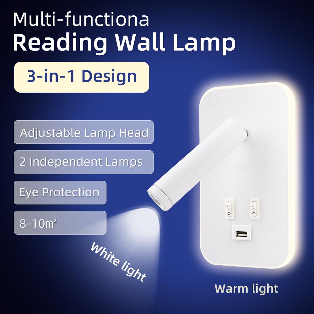 Bedside Wall Lamp with USB Switch Charging Port LED Rotation Reading Light Wall Mounted Spotlight Bedroom Bedside Corridor Decor