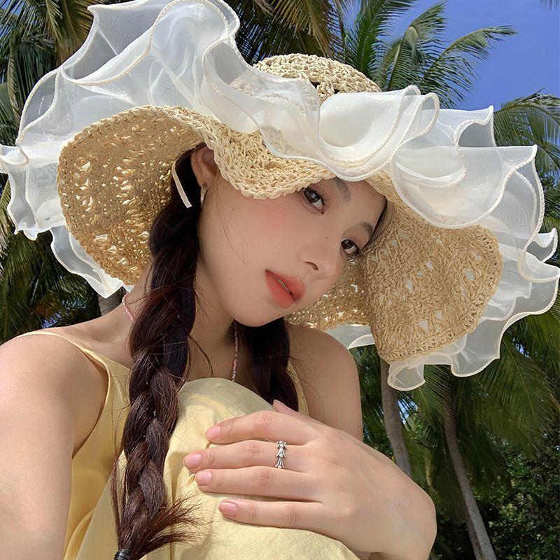 Organza Pearl Straw Hat, Female 2025 Summer New Large Brim Sunshade Sun Hat, Seaside Beach Sun Hat