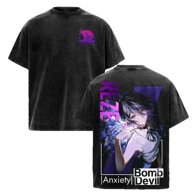 Chainsaw Man Reze (Bomben Teufel) Vintage gewaschenes Anime T-Shirt, Unisex Manga Fan Streetwear Tee, 100% Baumwolle Lässiges Kurzarm Oberteil