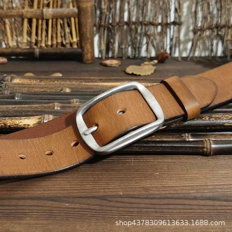 3.8Cm Wide American Handmade Retro Men'S Belt, The First Layer Of Pure Cowhide, Old Steel Buckle Genuine Leather Jeans Belt