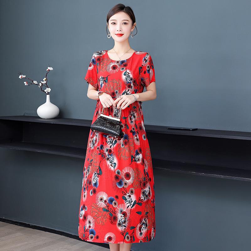Plus Size Floral Cotton-Silk Dress for Women - Summer Fashion, Elegant Long Swing Dress
