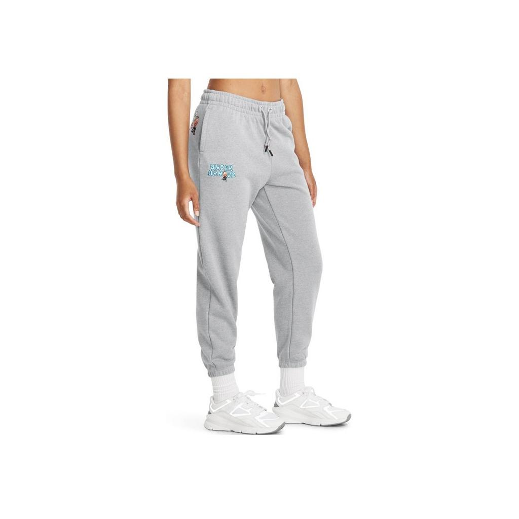 Under Armour Cartoon Letter Print Lace-Up High Weight Cotton Knit Training Pants Women Pants Gray 1379831-011
