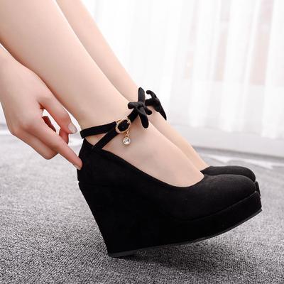 Korean Large-size Shoes with Shallow Tiles and One-tie Round Toe Red Wedding Shoes High Heels Single Shoes Waterproof Platform Women's Shoes