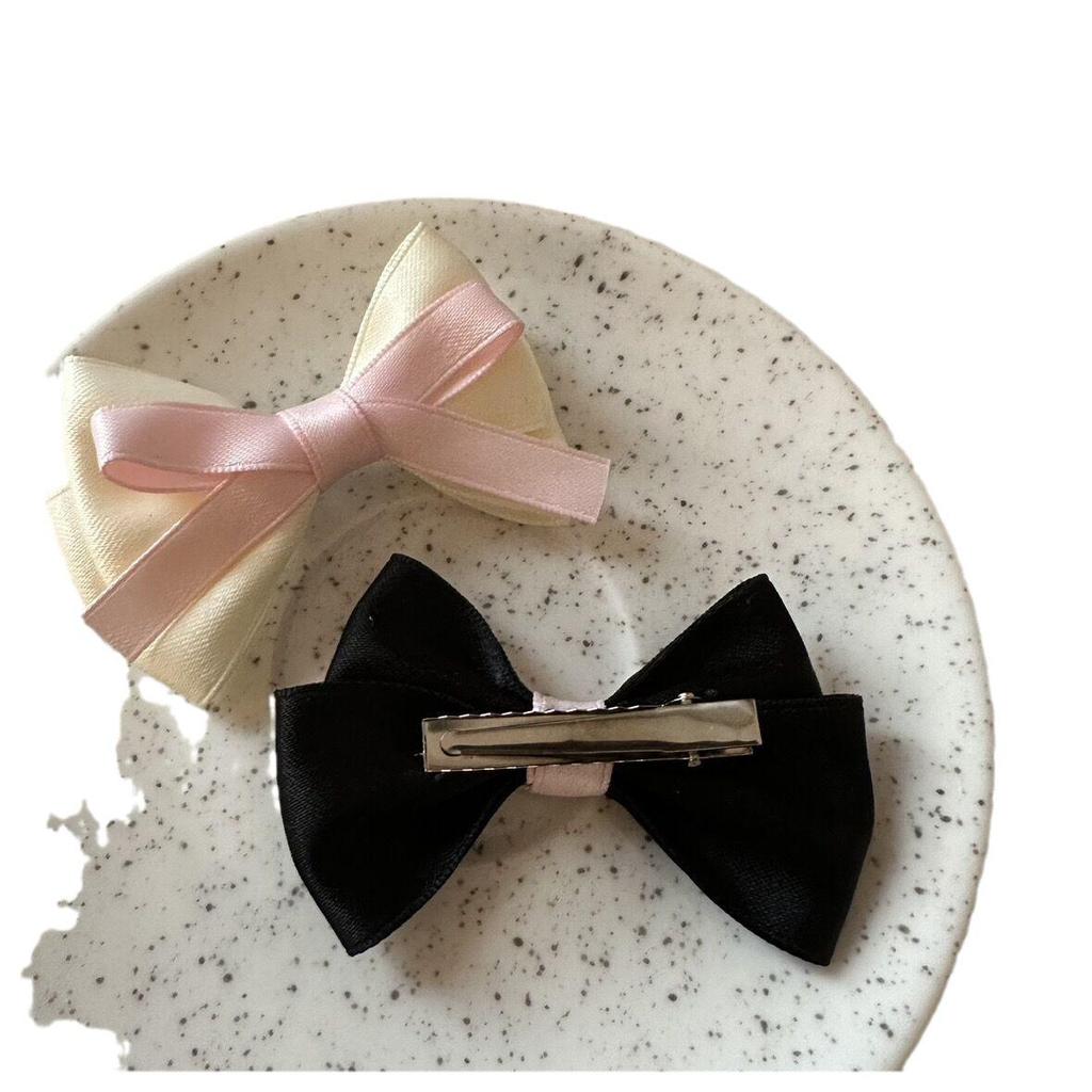 Sweet Pink Ribbon Bow Hairpin: New Korean Black Duckbill Clip for Girly Bangs