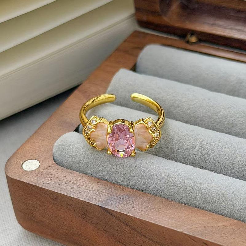 Medieval Vintage Pink Zircon Colored Treasure Open Ring Niche Light Luxury High Sense Stacked With Diamond Rings Woman