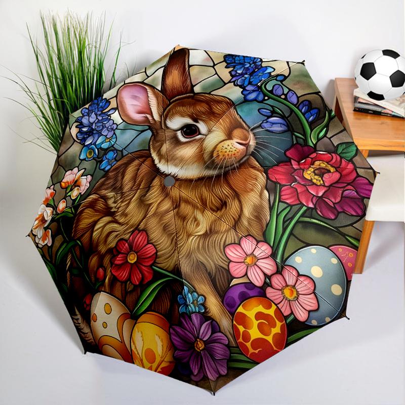 Retro Coffee Bunny Umbrella Automatic Open/close, Sturdy Iron Frame & 8-Rib Structure, Umbrella for Women & Men, Christmas Gifts