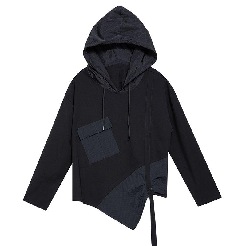 Women's Plus Size Irregular Hooded Patchwork Sweatshirt with Ribbon - Casual Long Sleeve