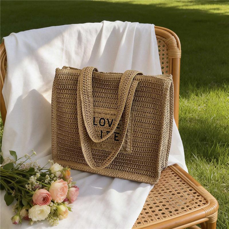 Stylish Woven Tote Bag for Women Embroidered Straw Handbag with Large Capacity and Casual Design