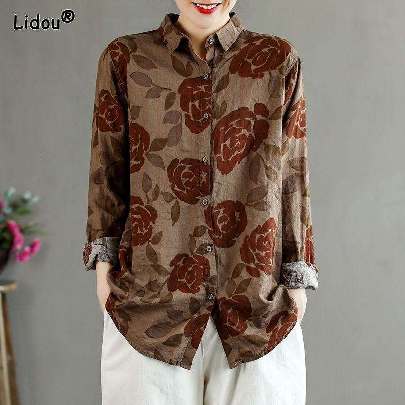 Vintage Printing Graphic Blouses Loose Straight Neutral Casual Turn-down Collar Button Autumn Winter Thin Women's Clothing 2022