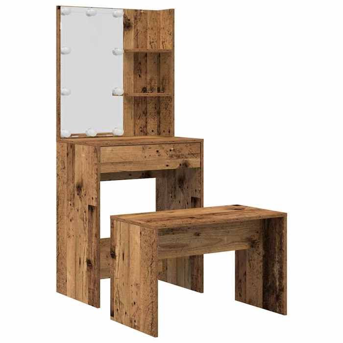 VidaXL Ensemble de coiffeuse avec LED vieux bois bois d'ingénierie, coiffeuse, table de maquillage, bureau de maquillage, 3329187
