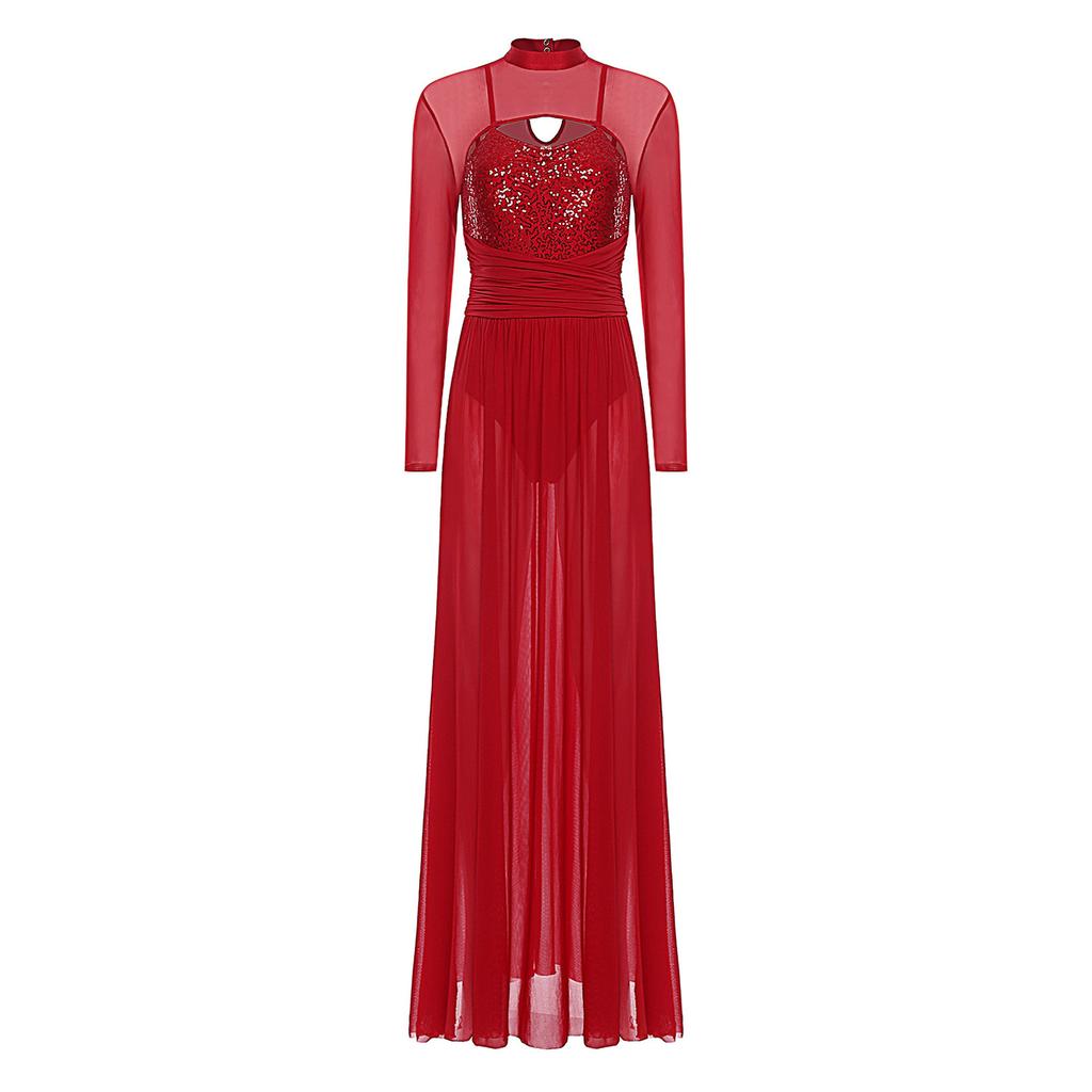 Ladies Sequin Long Sleeve Lyrical Dance Dress Mesh Tulle Flowy Maxi Long Dress Built In Briefs Performance Wear