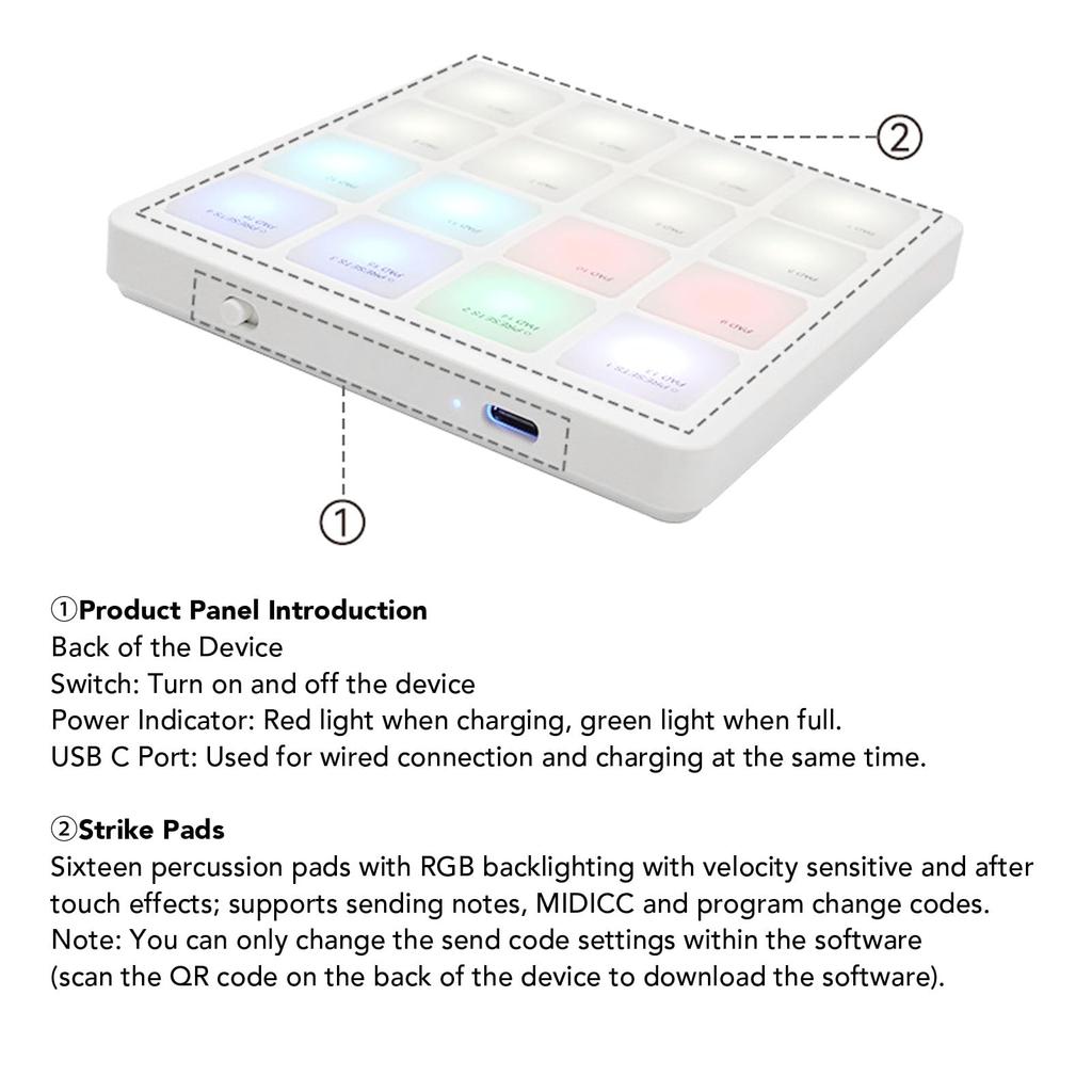 Dpofirs Wireless MIDI Controller Pad, 16 RGB Backlit Velocity Sensitive Strike Pads, Portable USB C MIDI Keyboard for Arrangers