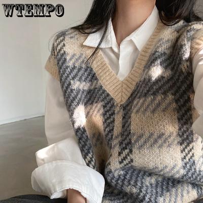Retro V-neck Plaid Knitted Vest for Women's Autumn and Winter Loose Sweater Vest