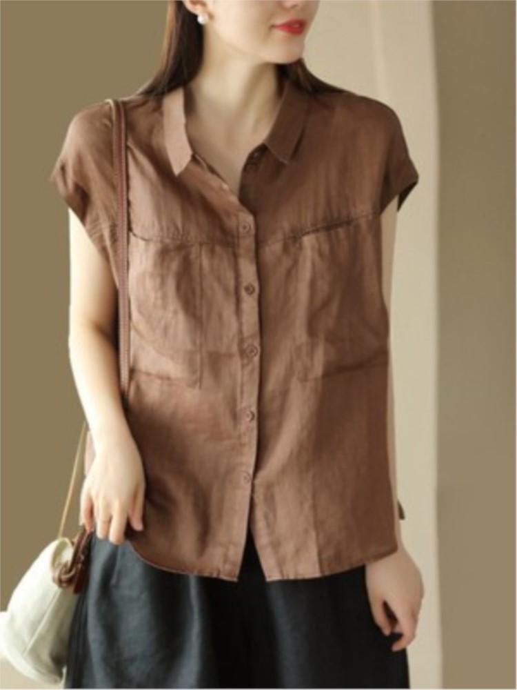 

Женские винтажные рубашки Johnature Ramie, топы с отложным воротником, однотонные блузки, летние лоскутные рубашки с карманами One Size кофейный