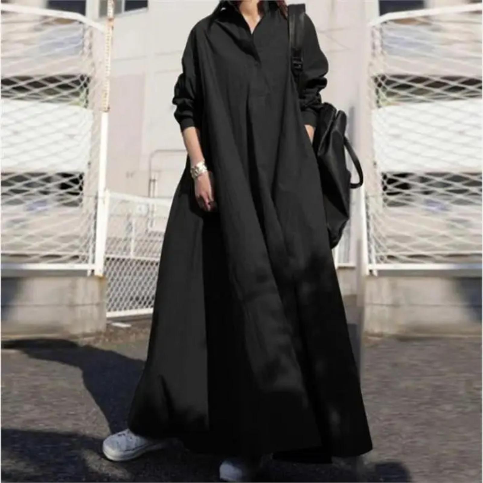 

Retro Long Sleeve Maxi Dress Pure Color Cotton Linen Wide A-Line Skirt Commute Loose Waist Long Dress S чёрный