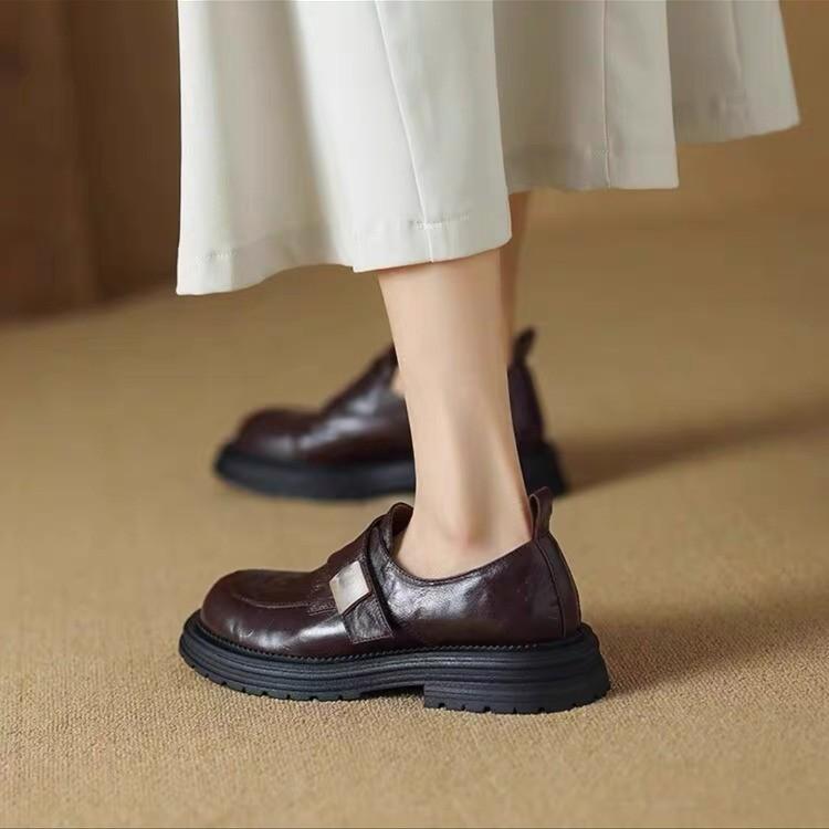 Soft leather buckle platform women's spring and autumn new retro black single shoes round head small leather shoes