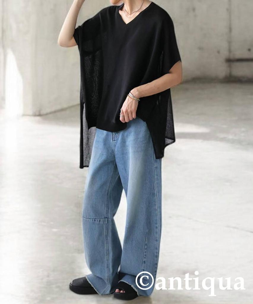 antiqua Asymmetrical Short Sleeve Knit Sheer One Size Black Women's Top, KYO-6001, 05,