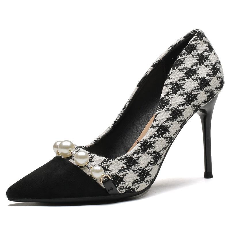 

09-1 Xiaoxiangfeng high heels women s thin heels new spring and autumn pointed French thousand bird grid temperament celebrity single shoes 40