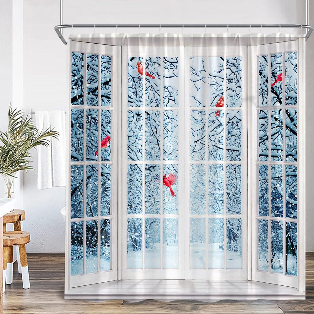 Winter Forest Scenery Shower Curtain Snow Window Outside Nature Landscape Snowy Pine Tree Bathroom Decor Polyester Bath Curtain