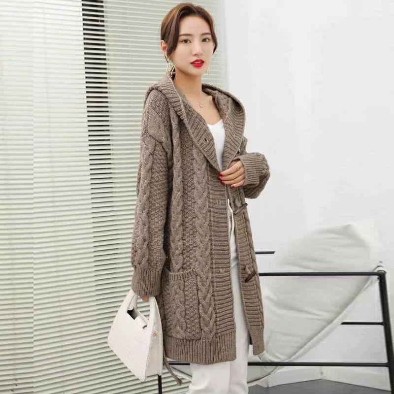 

Женский кардиган крупной вязки с капюшоном - средней длины, с открытой передней частью, свободного кроя, большого размера, толстое пальто кабельной вязки L кофейный