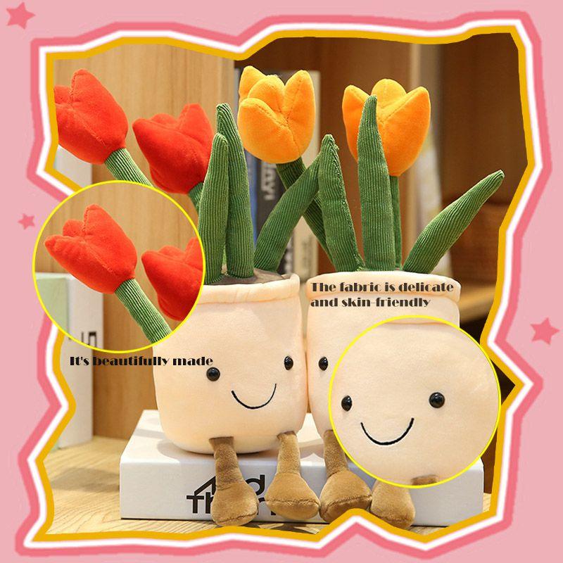 Adorable Lifelike Tulip Plush Toy Comfortable Soft Flower Pot Doll For Home Decor