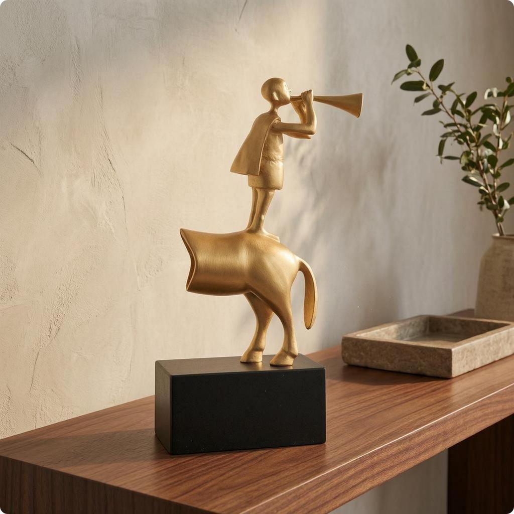 Boy Playing Trumpet Sculpture Modern Abstract Metal Smooth Ornamental Statue for Living