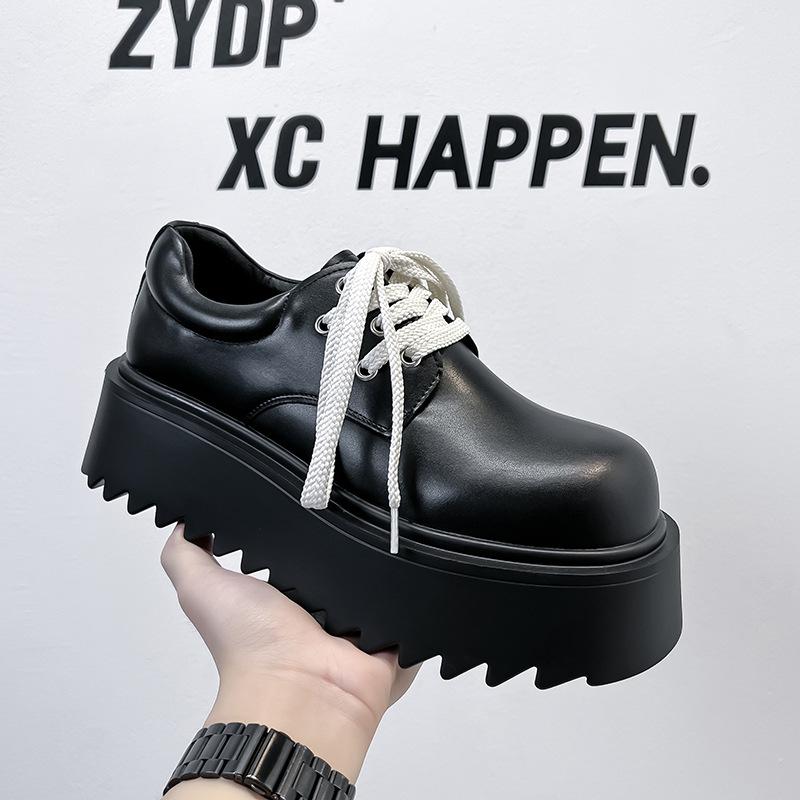 

Мужские туфли из кожи в стиле ретро на платформе в британском стиле, новинка 2025 года, универсальные туфли на высоком каблуке со шнуровкой 10984-A 38 чёрный